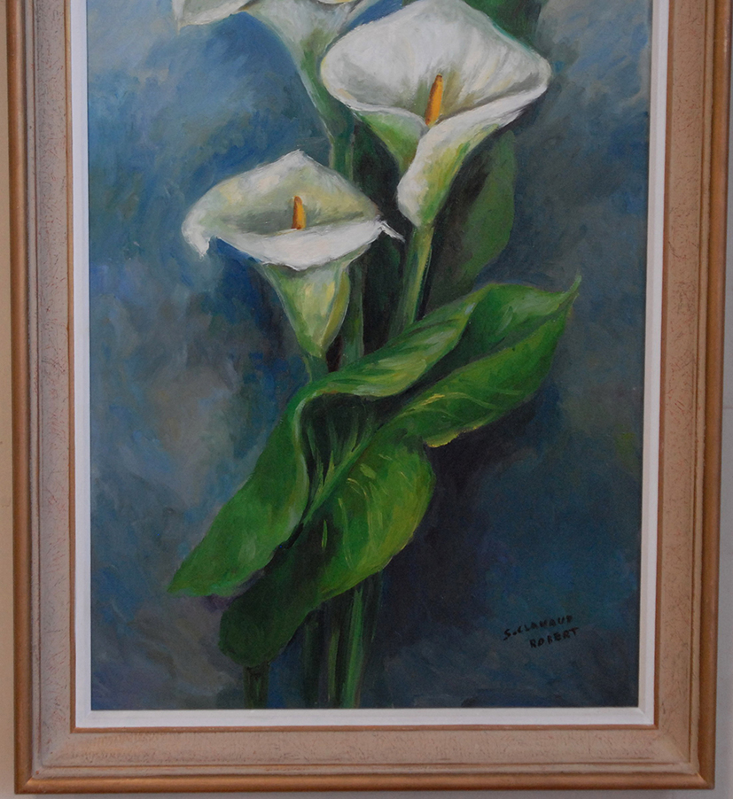 Grand Tableau, Peinture Huile Sur Toile , Bouquet De Fleurs,  Arums , Signé Clavaud.-photo-1