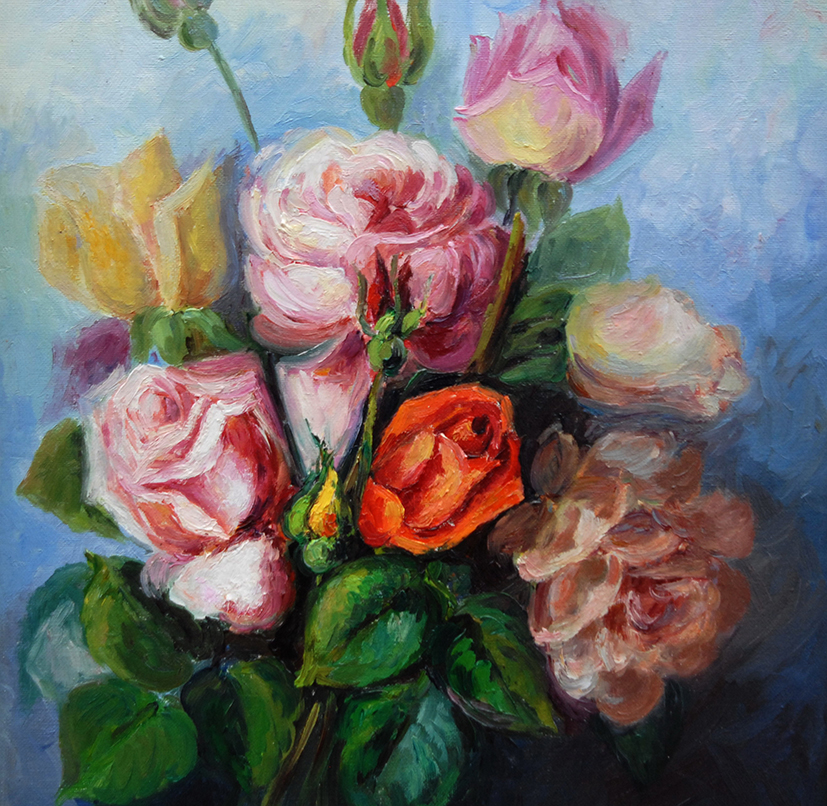 Peinture, tableau huile sur toile au bouquet de fleurs.-photo-4