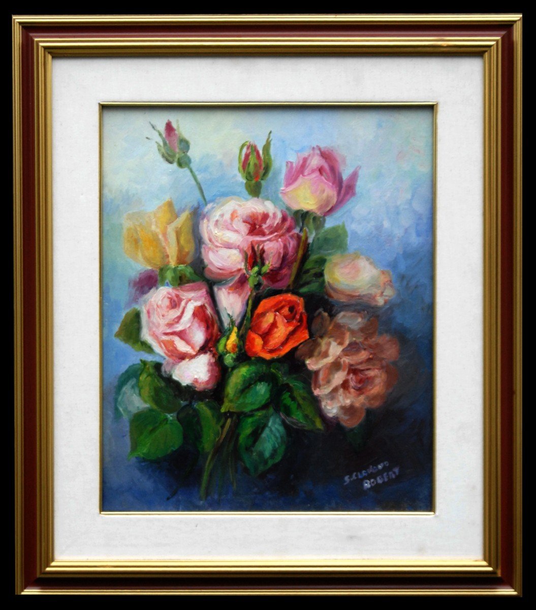 Peinture, tableau huile sur toile au bouquet de fleurs.