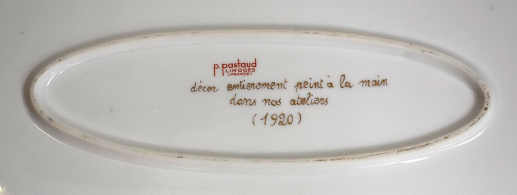 P.pastaud. Grand Plat Decoratif En Porcelaine De Limoges, Decor Peint Main En  Camaïeu De Bleu.-photo-6