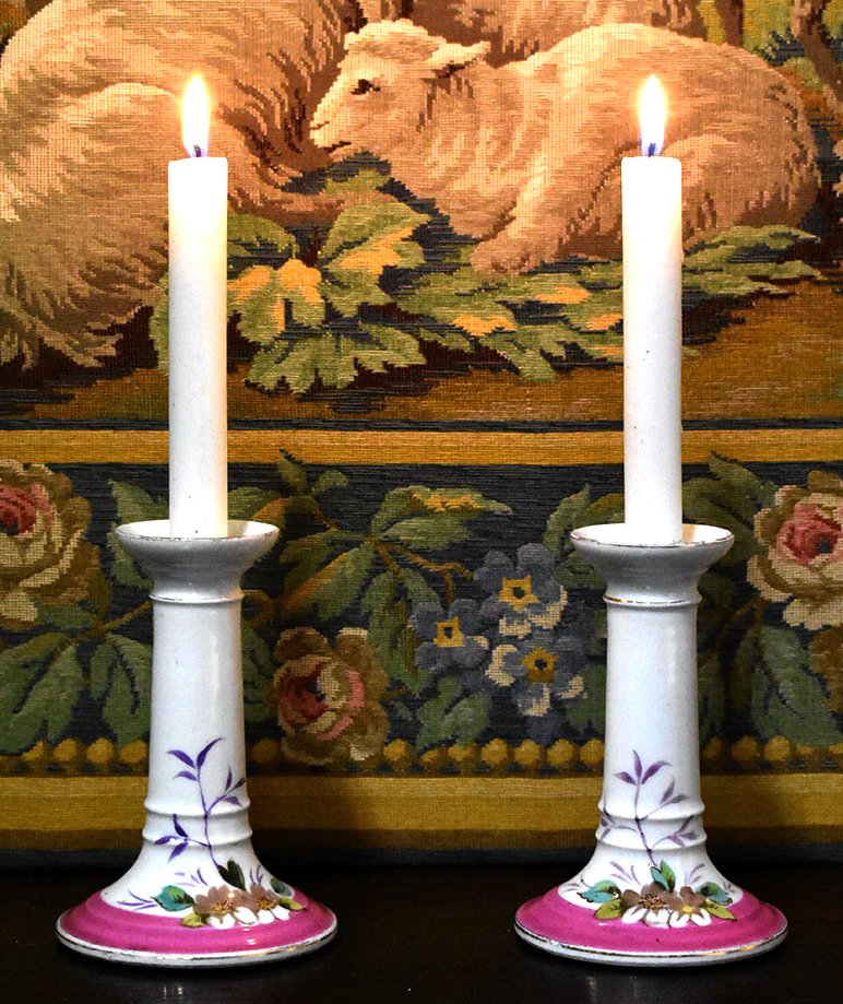 Pair Of Candlesticks Limoges Porcelain, Hand Painted, Late Nineteenth.-photo-4