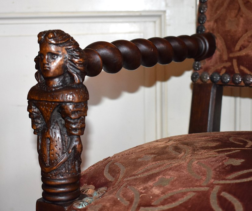 Chaise à Bras, Fauteuil Style Louis XIII En Noyer , XIXème.-photo-2