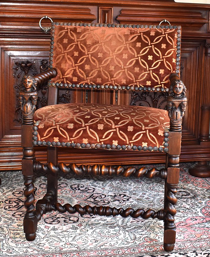 Chaise à Bras, Fauteuil Style Louis XIII En Noyer , XIXème.-photo-4