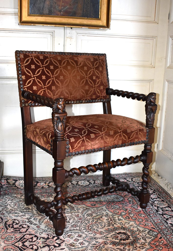 Chaise à Bras, Fauteuil Style Louis XIII En Noyer , XIXème.-photo-1