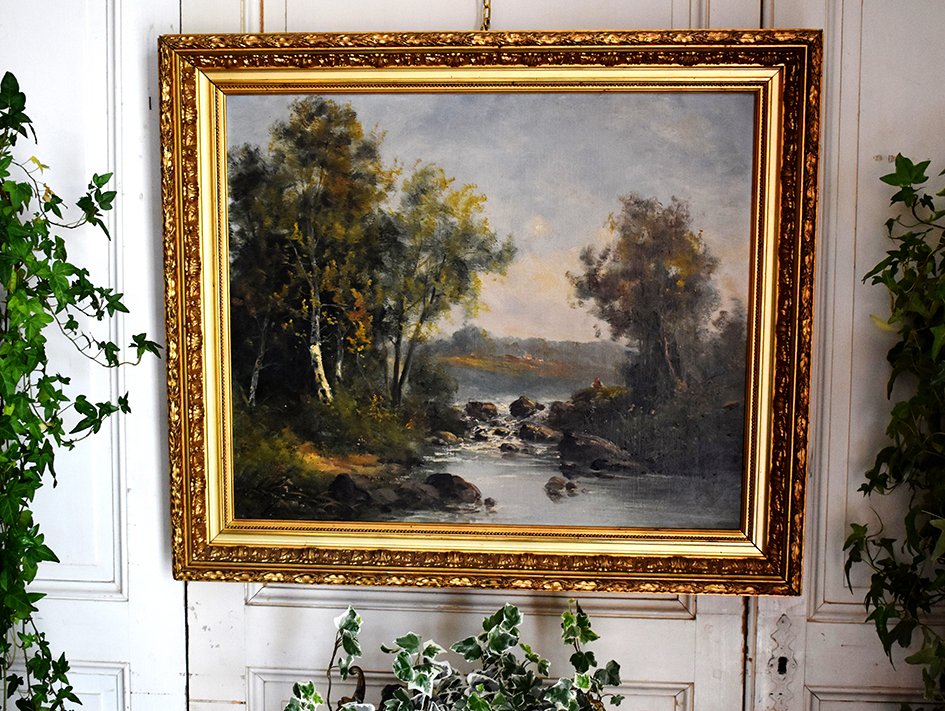 C. Lion ( XIXe ). Tableau Paysage Bord De Rivière. Huile Sur Toile Encadrée.-photo-2