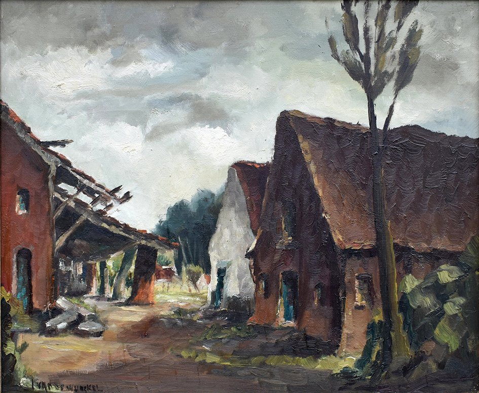 Van De Wurcker Painting Village View, Oil On Canvas Framed.-photo-2