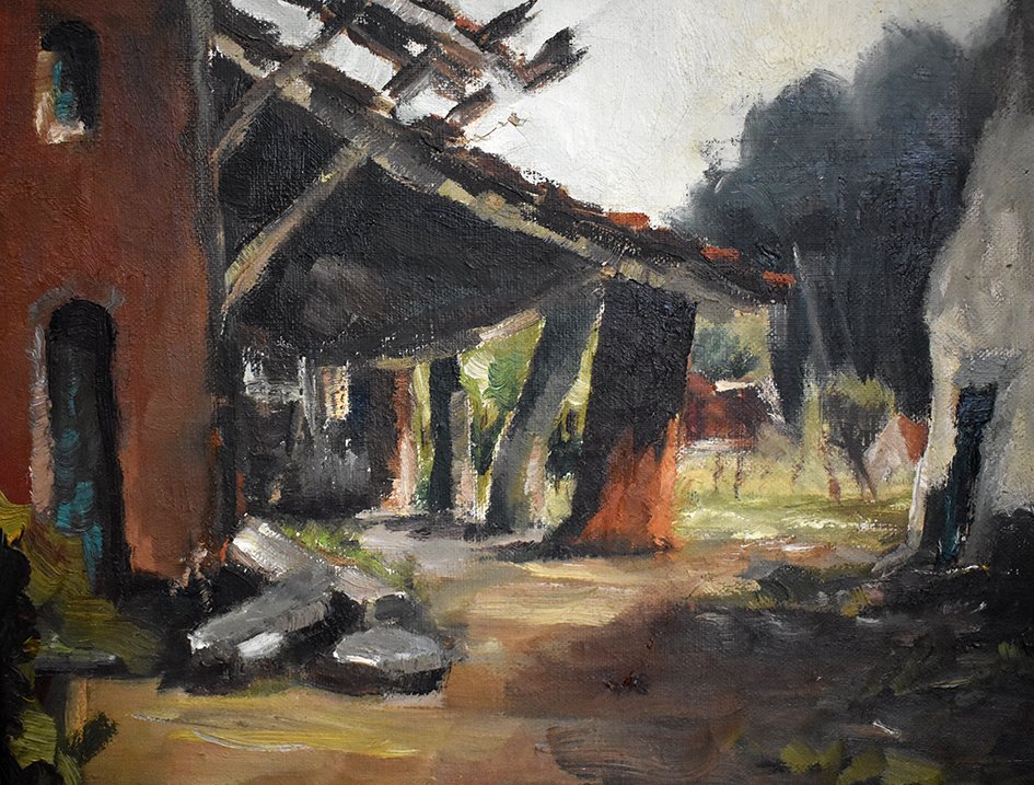Van De Wurcker Painting Village View, Oil On Canvas Framed.-photo-3