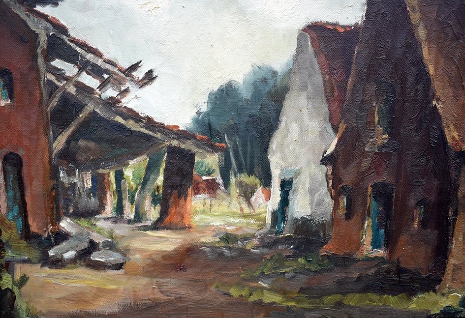 Van De Wurcker Painting Village View, Oil On Canvas Framed.-photo-4