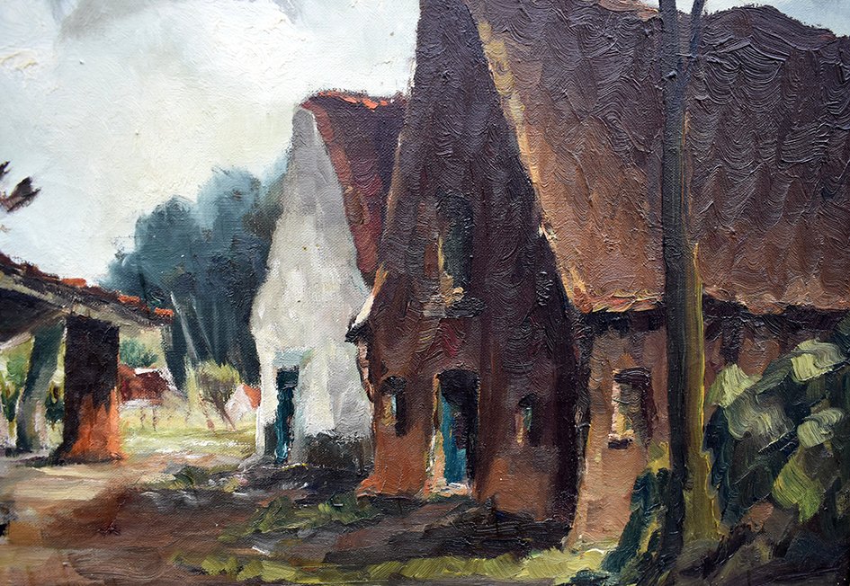 Van De Wurcker Painting Village View, Oil On Canvas Framed.-photo-1