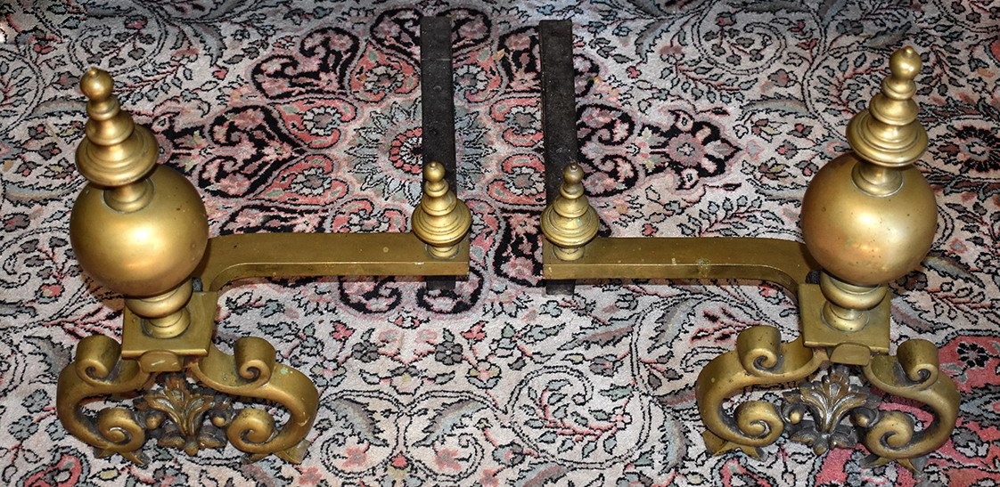 Great Pair Of Nineteenth Andirons, Louis XIV Style, Brass.-photo-2