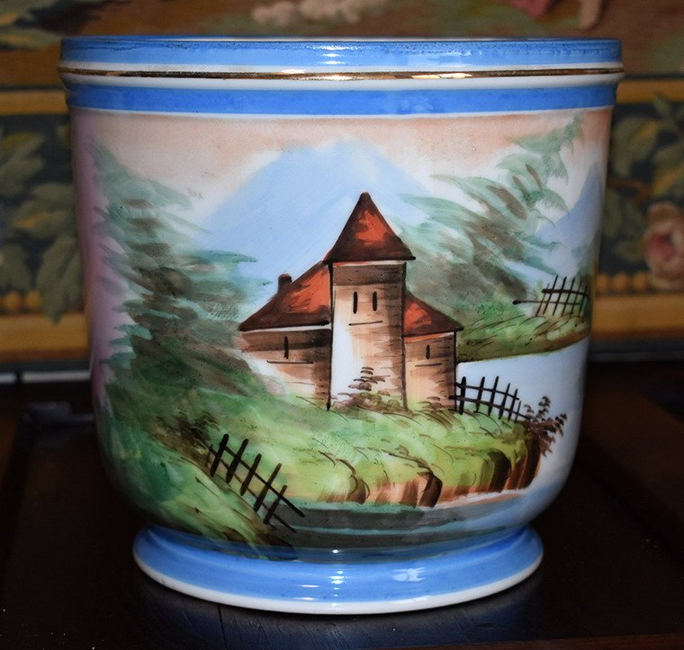 Cache Pot In Limoges Porcelain, Hand Painted, XIXth.