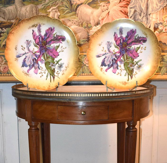 Pair Of Large Decorative Dishes In Limoges Porcelain Hand Painted Floral Decor, Late XIXth-photo-2