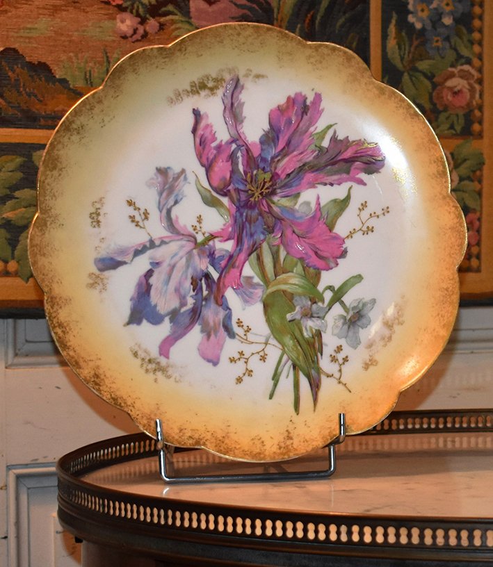 Pair Of Large Decorative Dishes In Limoges Porcelain Hand Painted Floral Decor, Late XIXth-photo-3