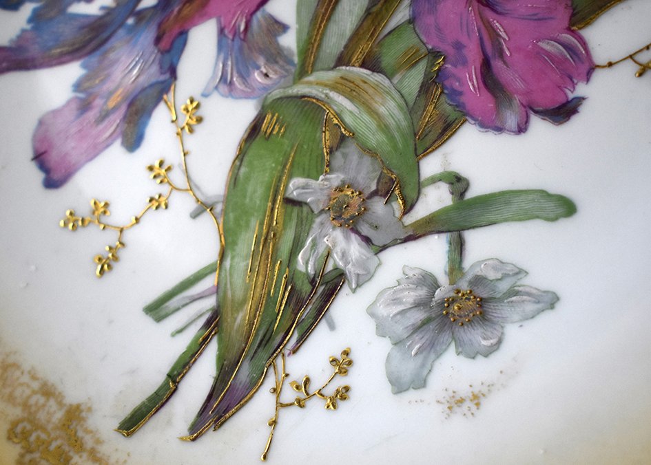 Pair Of Large Decorative Dishes In Limoges Porcelain Hand Painted Floral Decor, Late XIXth-photo-6