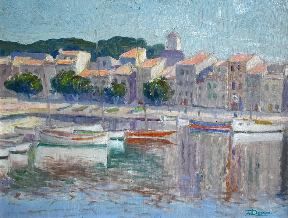 A.deroo , Peinture à l'Huile   Sur Panneau, Tableau Marine d'Un Petit  Port Méditerranéen.-photo-2