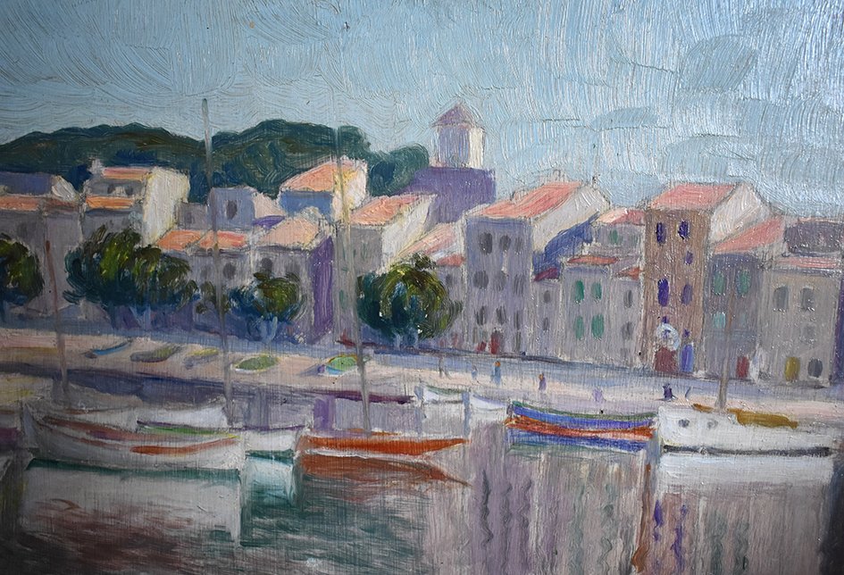 A.deroo , Peinture à l'Huile   Sur Panneau, Tableau Marine d'Un Petit  Port Méditerranéen.-photo-3