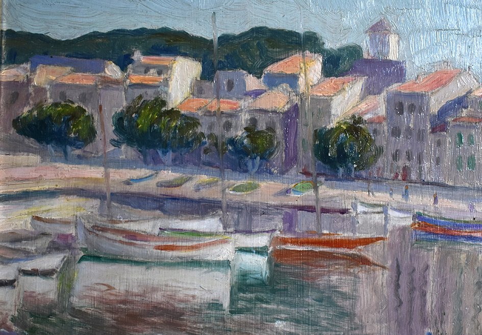 A.deroo , Peinture à l'Huile   Sur Panneau, Tableau Marine d'Un Petit  Port Méditerranéen.-photo-1