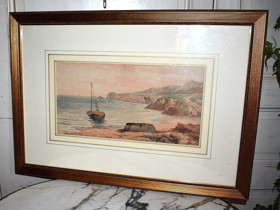 Aquarelle signée A. Coleman. Marine intitulée : "Robin Hood'sBay - on the York Shire Coast ".  XIXème.-photo-2