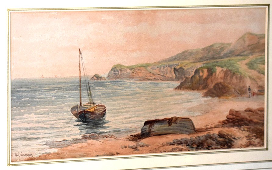 Aquarelle signée A. Coleman. Marine intitulée : "Robin Hood'sBay - on the York Shire Coast ".  XIXème.-photo-3