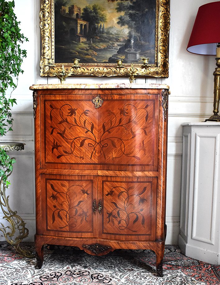 Curved Secretary, Rosewood Veneer And Marquetry, Stamped Secretary Of Louis XV Style-photo-2