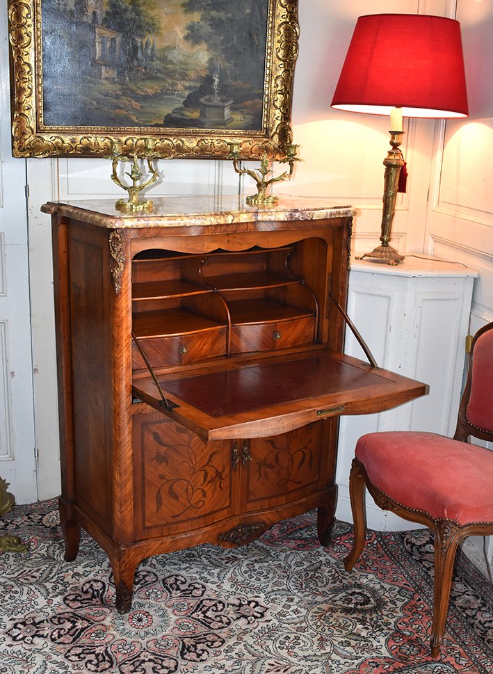 Curved Secretary, Rosewood Veneer And Marquetry, Stamped Secretary Of Louis XV Style-photo-3