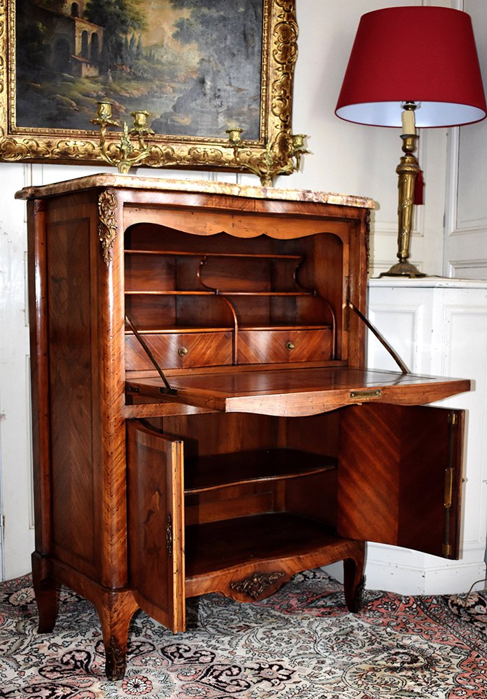 Curved Secretary, Rosewood Veneer And Marquetry, Stamped Secretary Of Louis XV Style-photo-4