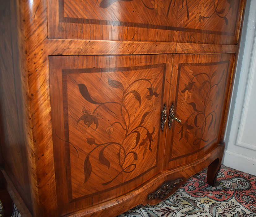 Curved Secretary, Rosewood Veneer And Marquetry, Stamped Secretary Of Louis XV Style-photo-2