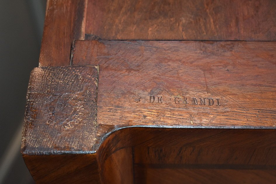 Curved Secretary, Rosewood Veneer And Marquetry, Stamped Secretary Of Louis XV Style-photo-4