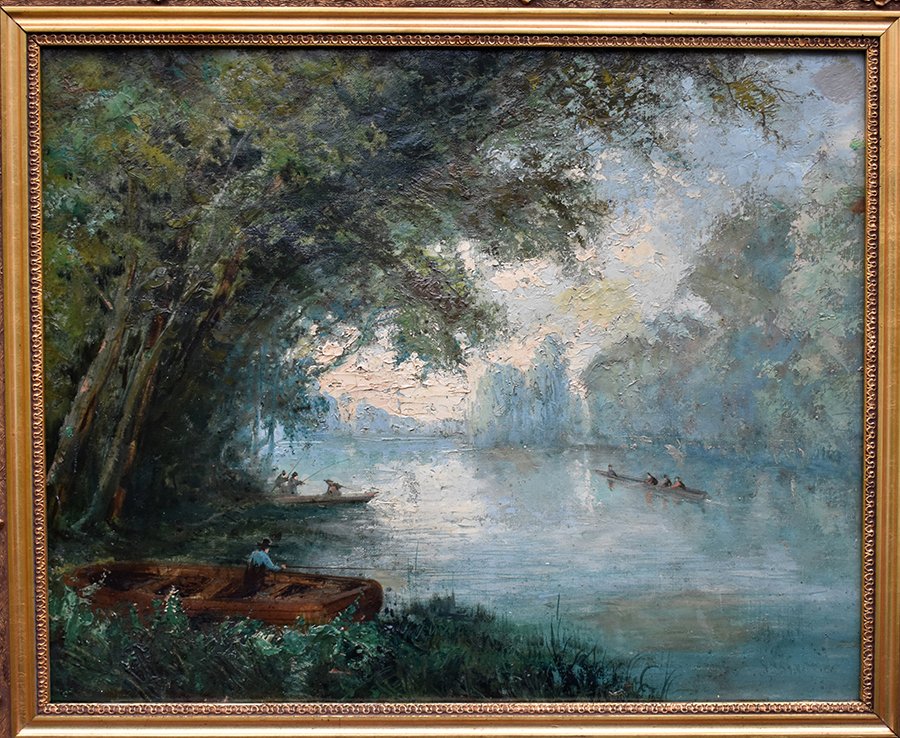 Paysage Animé , Tableau  Bord De Rivière Avec Barques Et Pêcheurs. XIXème.-photo-2