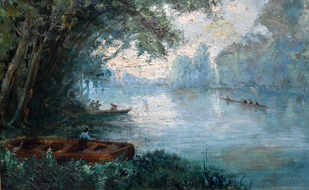 Paysage Animé , Tableau  Bord De Rivière Avec Barques Et Pêcheurs. XIXème.-photo-3