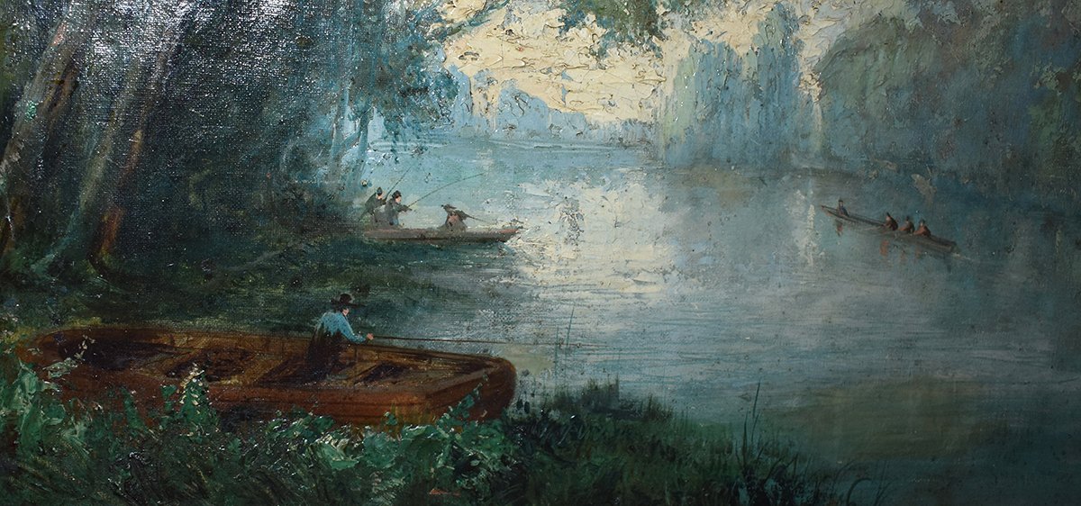 Paysage Animé , Tableau  Bord De Rivière Avec Barques Et Pêcheurs. XIXème.-photo-4