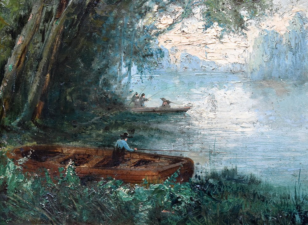 Paysage Animé , Tableau  Bord De Rivière Avec Barques Et Pêcheurs. XIXème.-photo-1
