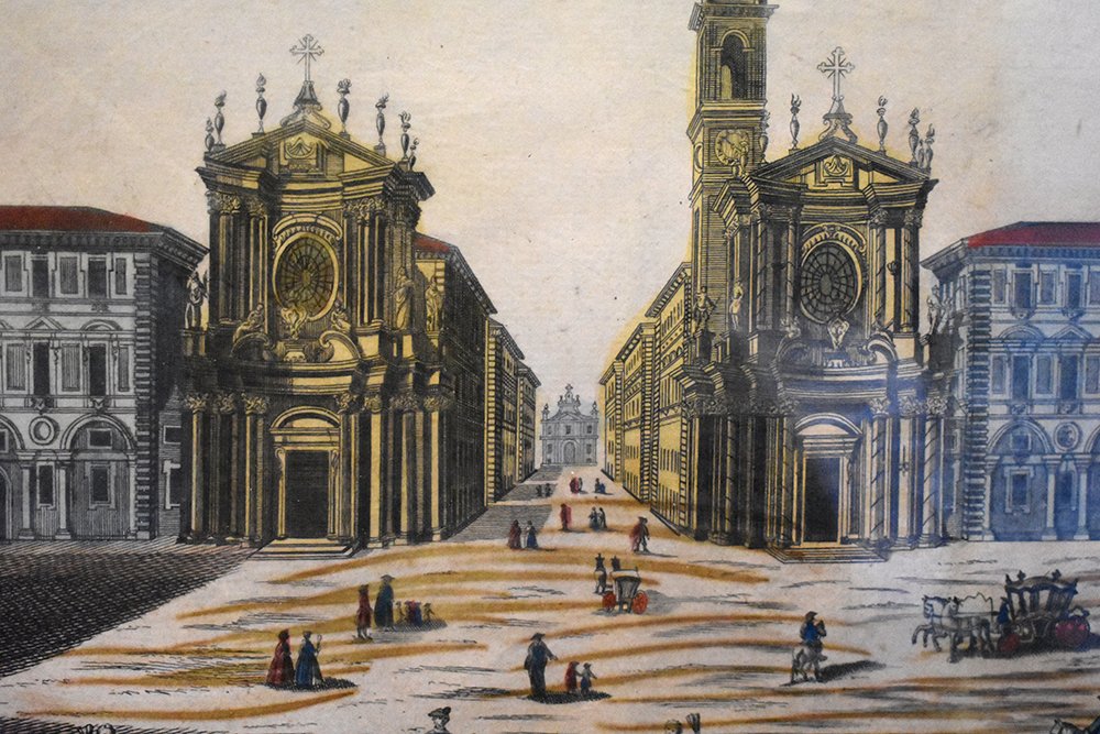 Optical View Of Saint Charles Square And The Porte Neuve In Turin. 18th Century Engraving.-photo-3