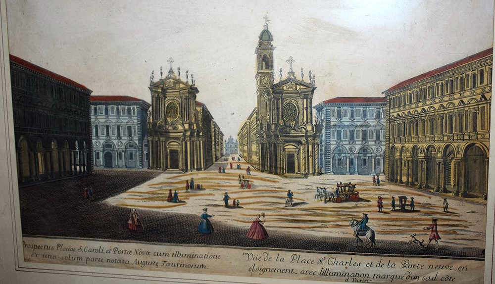 Optical View Of Saint Charles Square And The Porte Neuve In Turin. 18th Century Engraving.-photo-1
