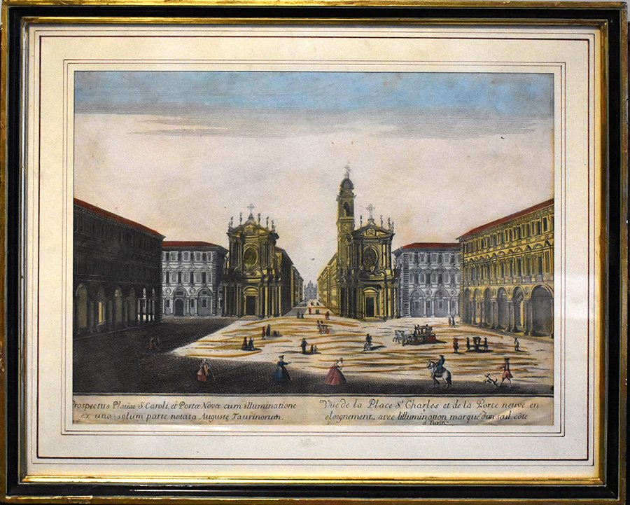 Optical View Of Saint Charles Square And The Porte Neuve In Turin. 18th Century Engraving.