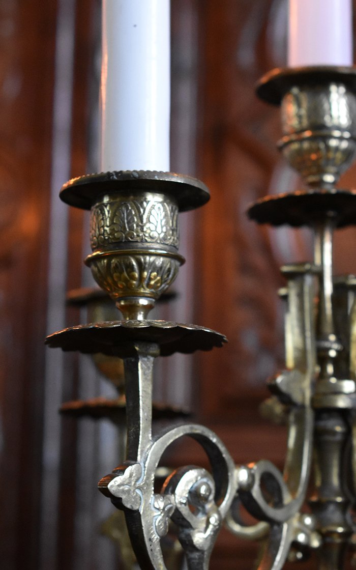 Pair Of Candelabras, Neo - Ghotic Style Candlesticks, Bronze Candlesticks, Niii, XIXth.-photo-4