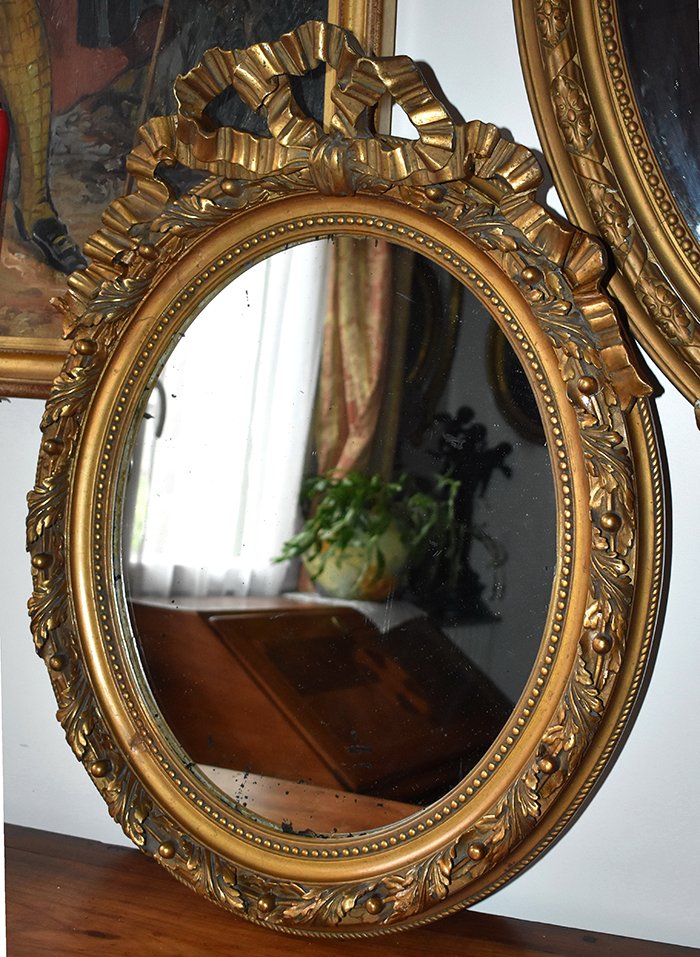 Miroir Oval En Stuc Et Bois Doré, Glace Ovale Style Louis XVI, époque Napoléon III-photo-2