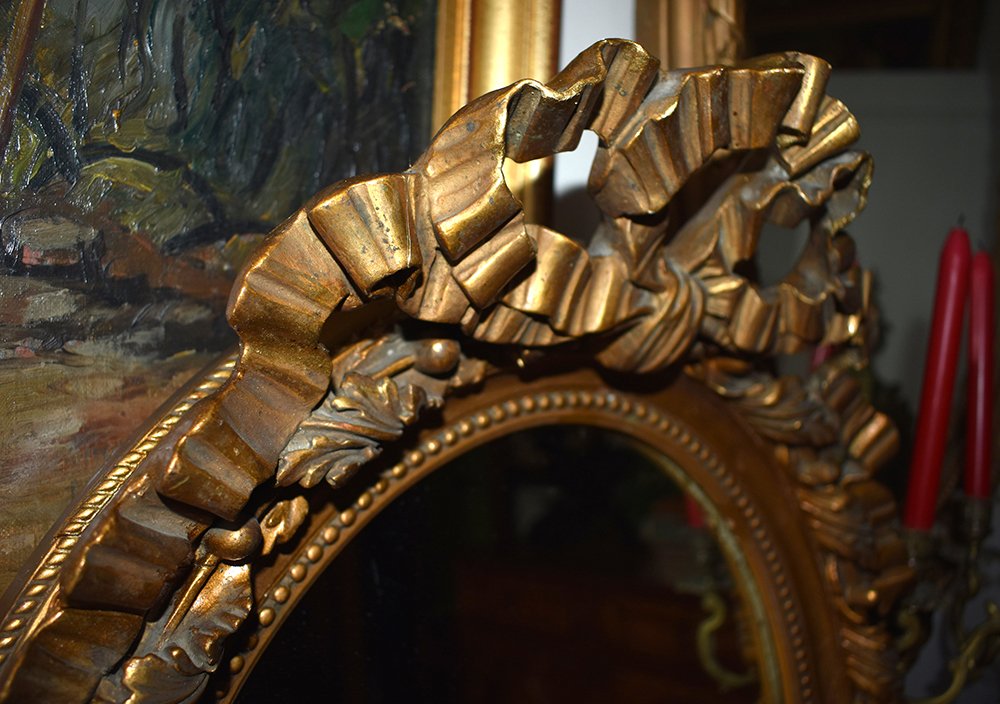 Miroir Ovale  En Stuc Et Bois Doré, Glace Ovale Style Louis XVI, époque Napoléon III-photo-3