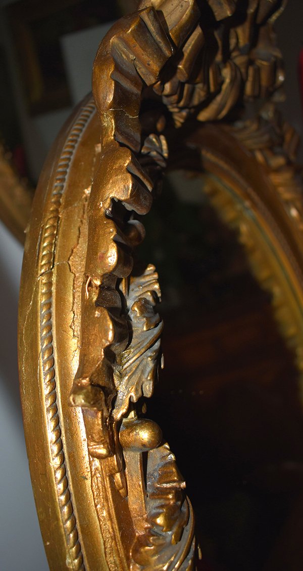Miroir Ovale  En Stuc Et Bois Doré, Glace Ovale Style Louis XVI, époque Napoléon III-photo-4