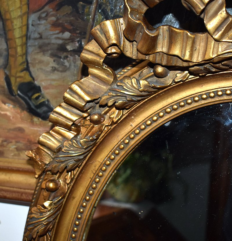 Miroir Ovale  En Stuc Et Bois Doré, Glace Ovale Style Louis XVI, époque Napoléon III-photo-5
