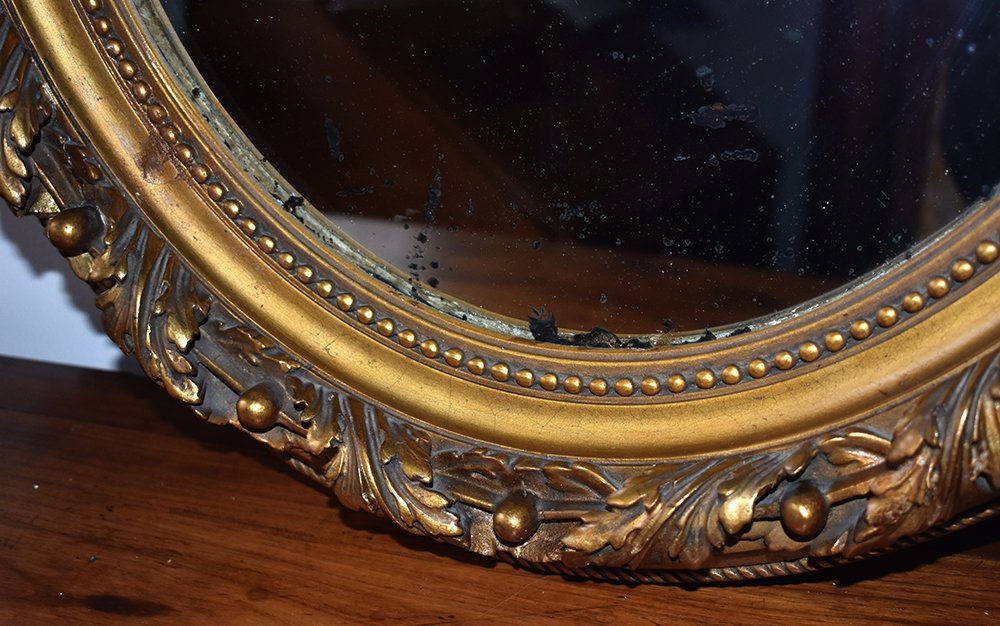 Miroir Ovale  En Stuc Et Bois Doré, Glace Ovale Style Louis XVI, époque Napoléon III-photo-6