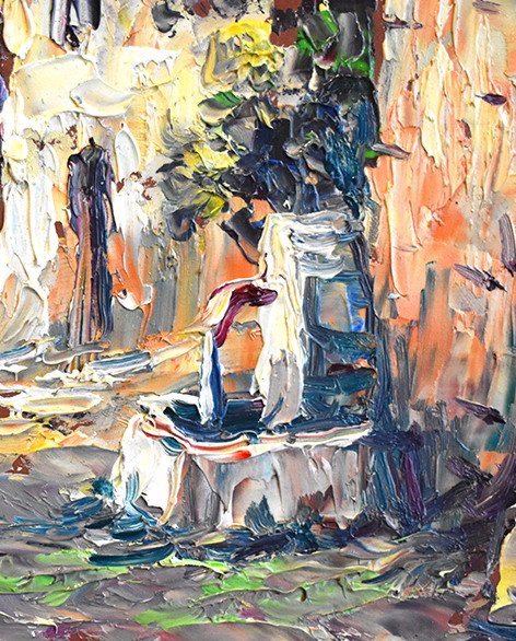 Small Provencal Village Landscape, Lively Alley Scene Painting, Fountain And Character.-photo-1