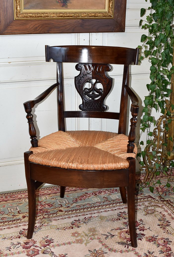 Fauteuil Paillé De Style Directoire,  assise fond de paille.-photo-2