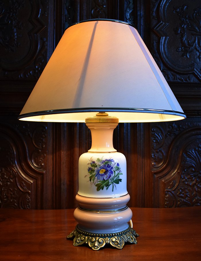 Lamp Base In Limoges Porcelain, Hand Painted, Bouquet Decor And Gallant Scene, XIXth.-photo-2