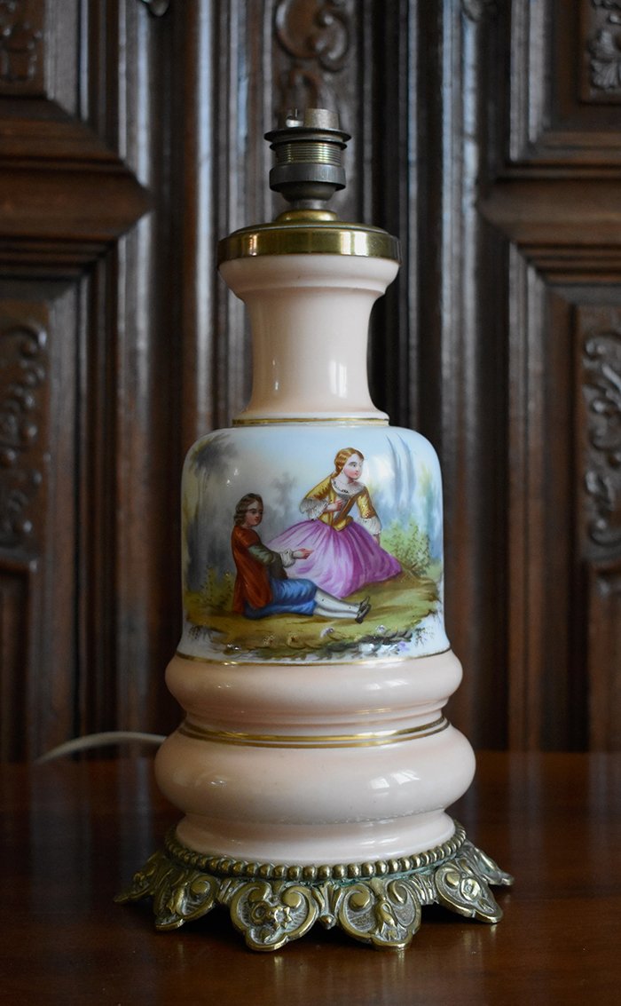 Lamp Base In Limoges Porcelain, Hand Painted, Bouquet Decor And Gallant Scene, XIXth.-photo-3