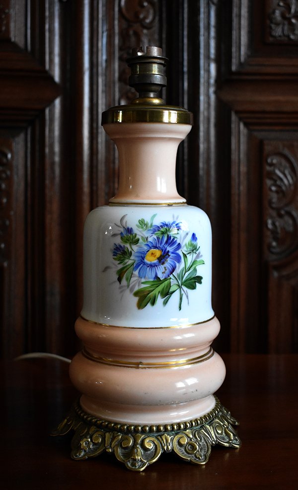 Lamp Base In Limoges Porcelain, Hand Painted, Bouquet Decor And Gallant Scene, XIXth.-photo-4