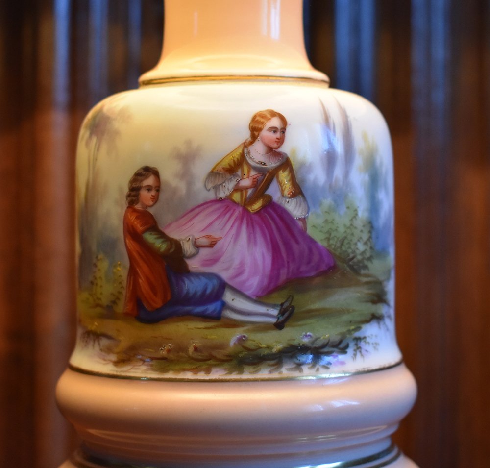 Lamp Base In Limoges Porcelain, Hand Painted, Bouquet Decor And Gallant Scene, XIXth.-photo-1