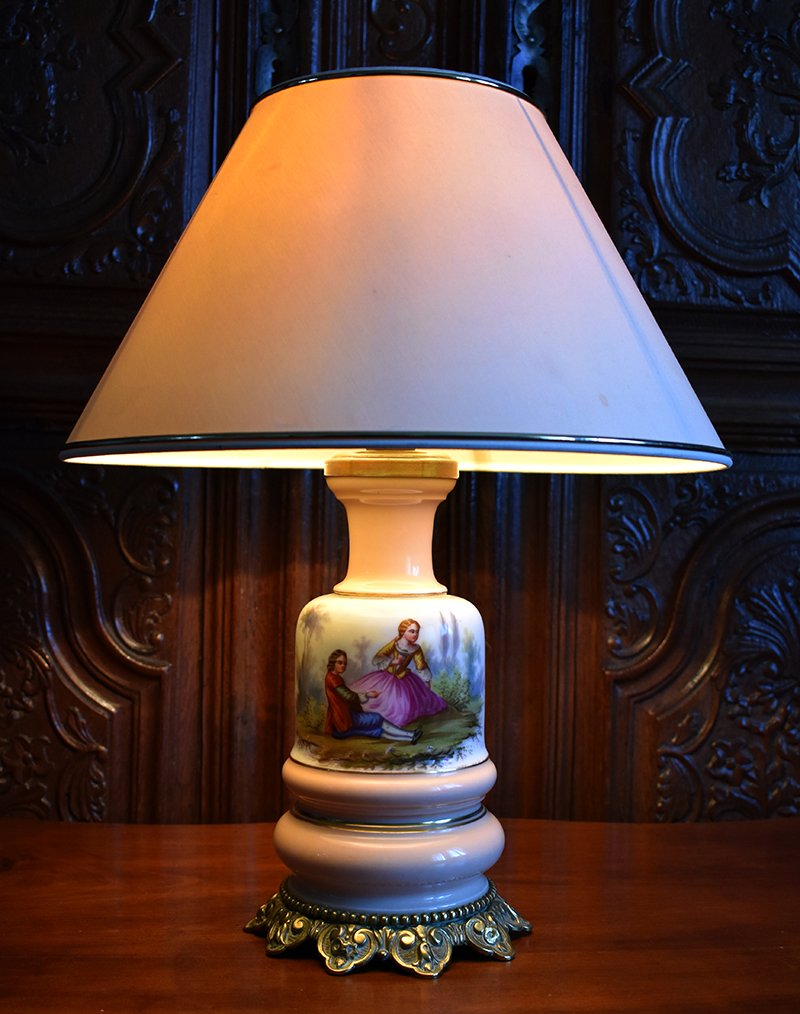 Lamp Base In Limoges Porcelain, Hand Painted, Bouquet Decor And Gallant Scene, XIXth.