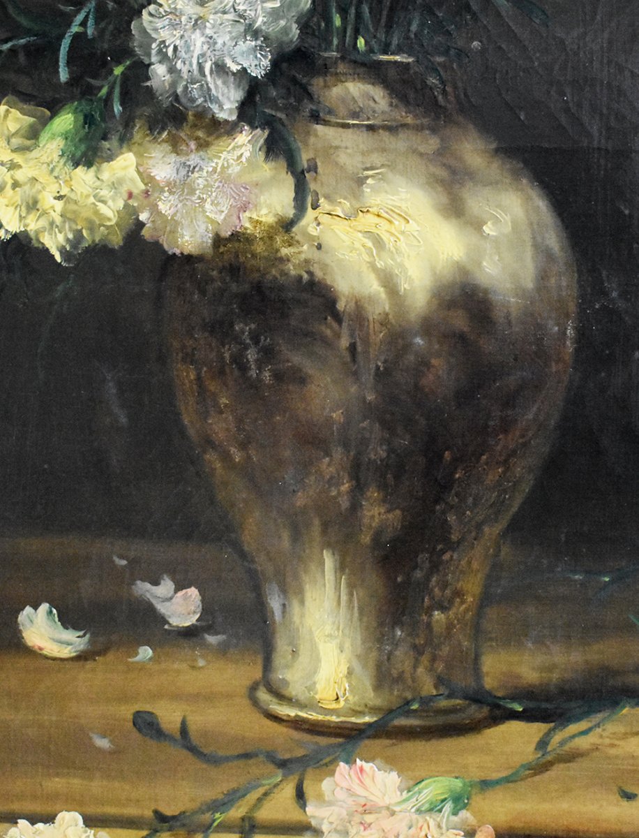 Grande Peinture Encadrée d' Alfred Rouby (1849-1909), Tableau Bouquet De Fleurs Sur Entablement-photo-2