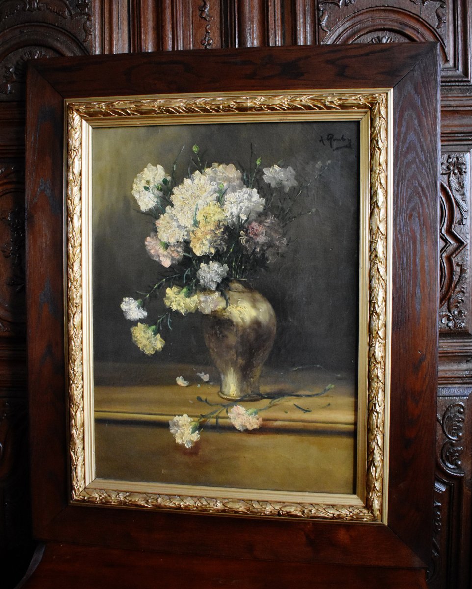 Grande Peinture Encadrée d' Alfred Rouby (1849-1909), Tableau Bouquet De Fleurs Sur Entablement-photo-6